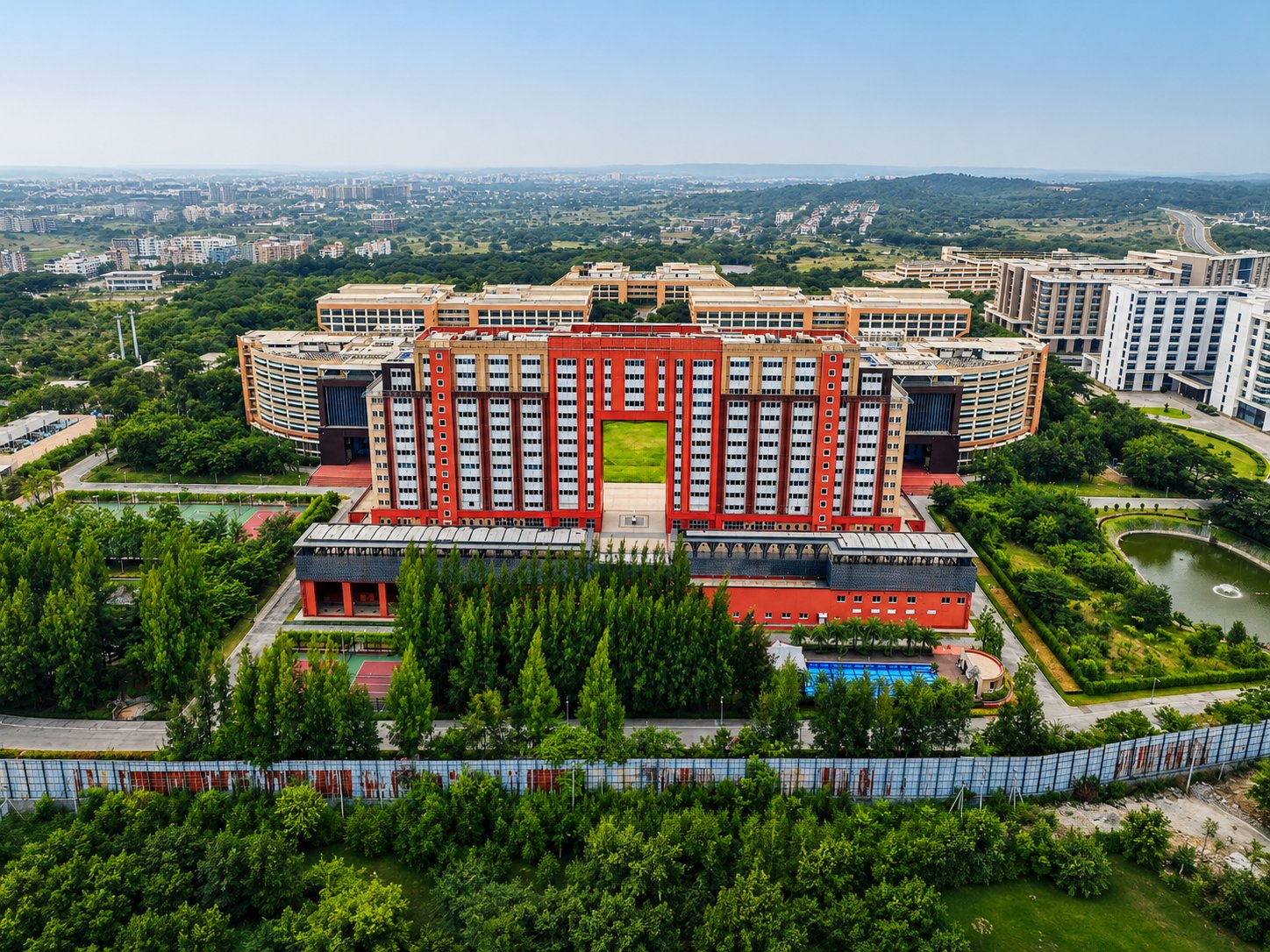 Infosys Hyderabad Software Development Park — aerial view showing the full campus and iconic entrance arch
