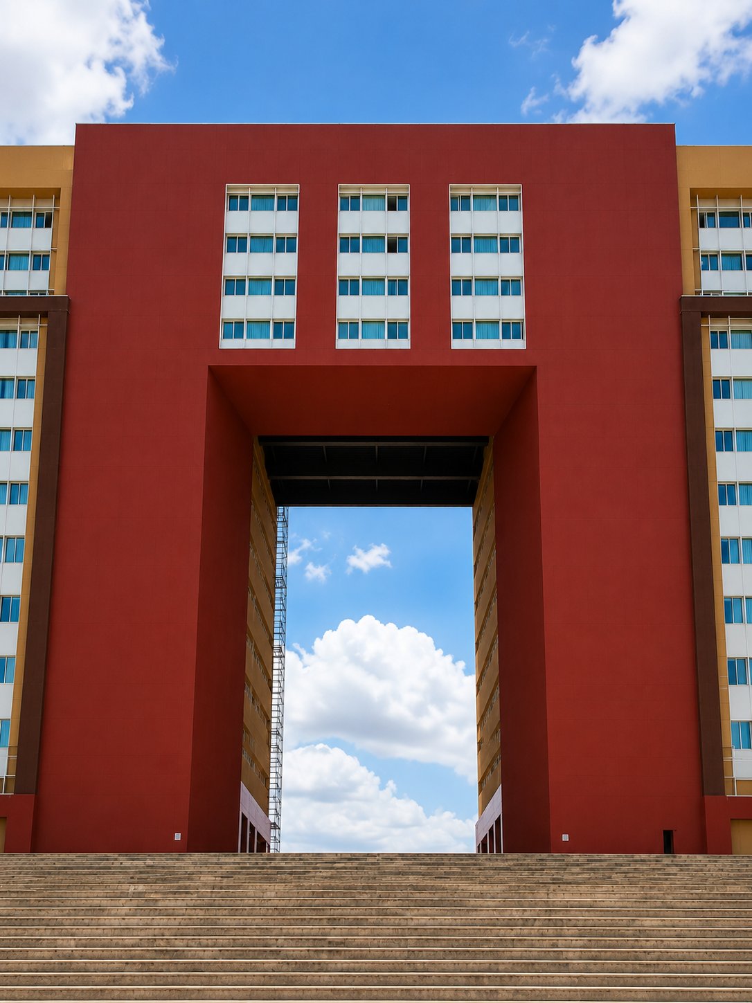 Infosys Hyderabad — monumental entrance arch detail, Fundermax HPL warm beige cladding