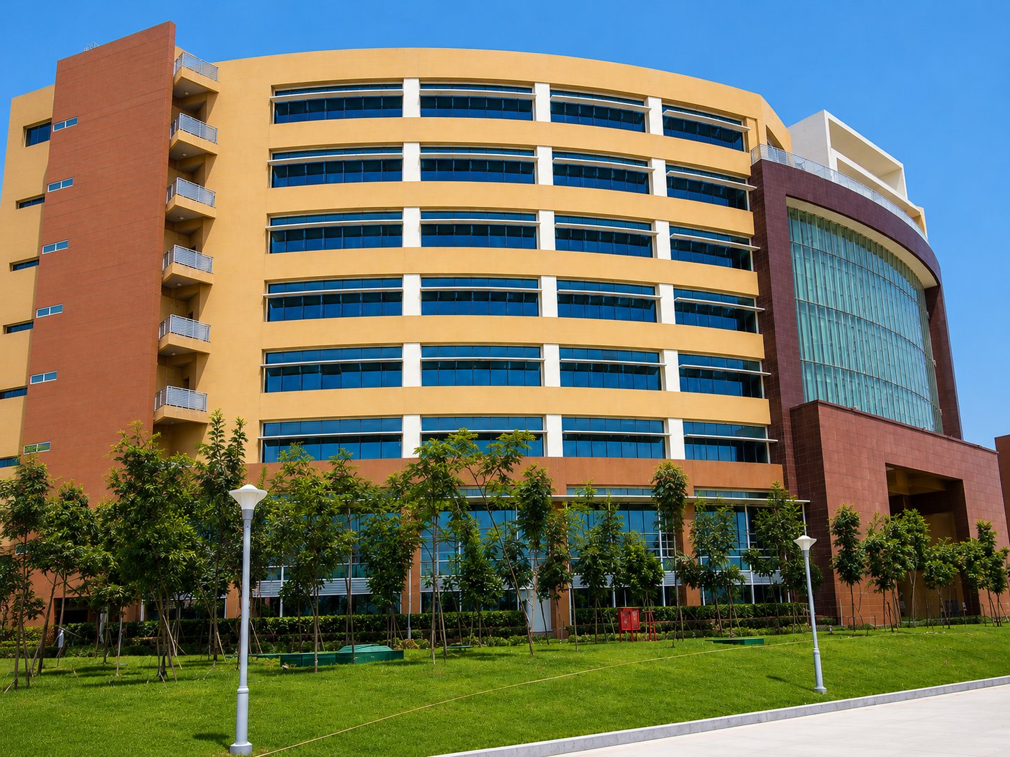 Infosys Hyderabad — curved wing elevation with landscaped walkway and Fundermax HPL cladding