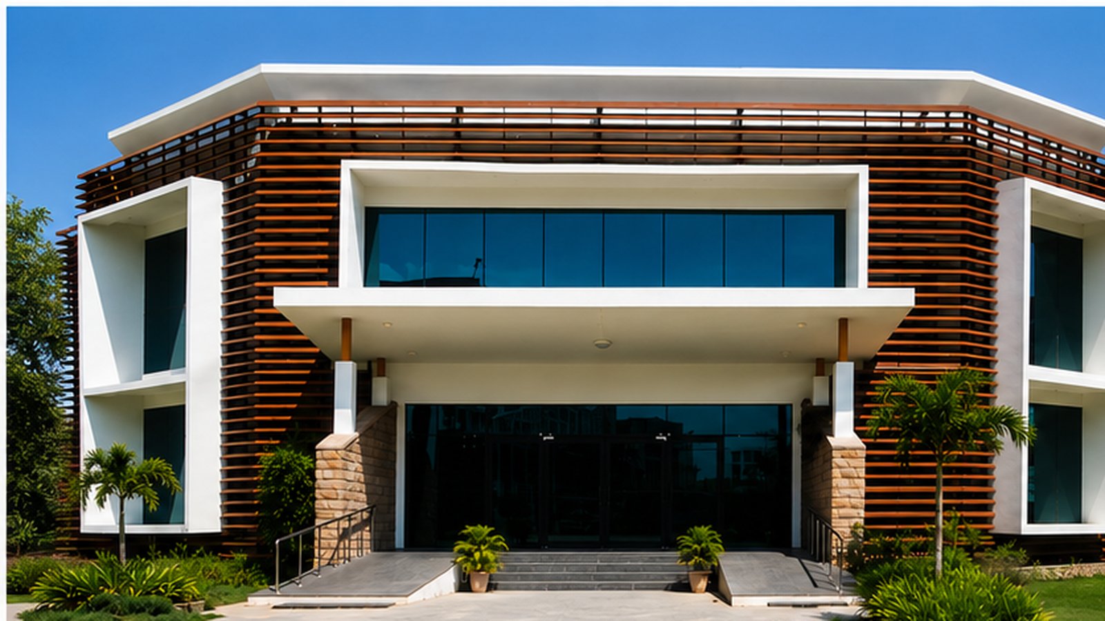 Infosys Hyderabad — curved building elevation from lawn level, warm earthy beige HPL panels